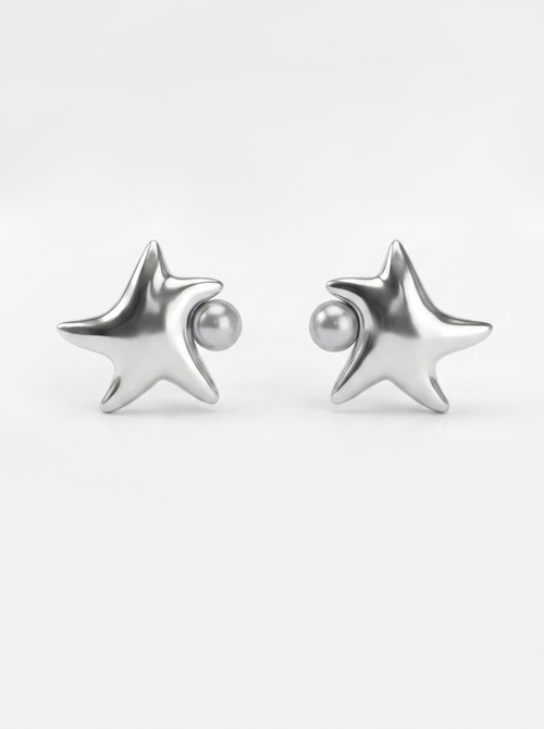 A pair of white gold star-shaped stud earrings with a small round pearl inset on each earring, shown against a clean white background.
